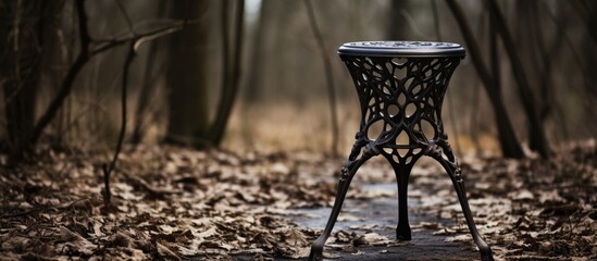 A wooden stool is placed in the center of a forest surrounded by fallen leaves and grass. The natural tints and shades of the environment blend with the hardwood flooring underneath - obrazy, fototapety, plakaty