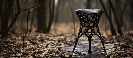 Fototapeten A wooden stool is placed in the center of a forest surrounded by fallen leaves and grass. The natural tints and shades of the environment blend with the hardwood flooring underneath © AkuAku