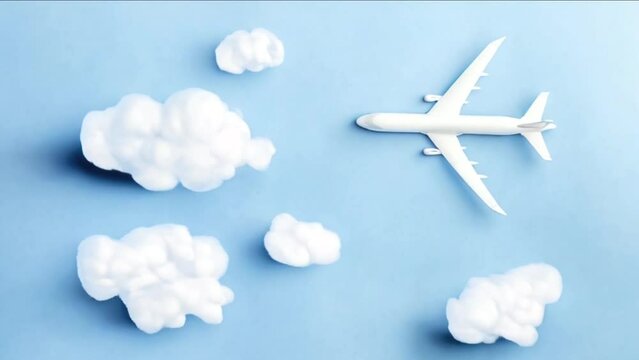 Creative representation of air travel with toy airplane and cotton clouds on light blue backdrop