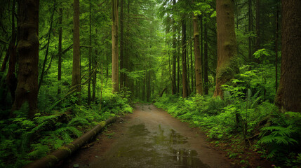 Obraz premium Lush Greenery on a Misty Forest Trail