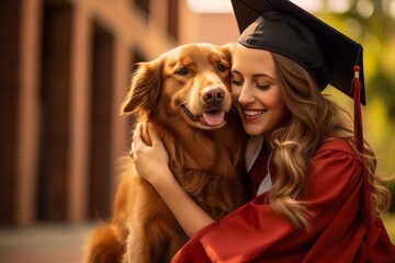 Photography touching moment of a graduate receiving a warm hug from their beloved pet, celebrating together - obrazy, fototapety, plakaty