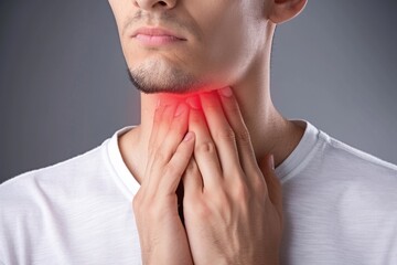 Obraz premium Person is experiencing a sore throat, depicting the discomfort and irritation of a throat ailment, medical attention for soothing relief and recovery, discomfort, colds disease virus bacteria