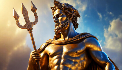 Ancient bronze statue of Neptune or Poseidon, Roman God of the sea and the water with the trident, against a blue sky with clouds and copy space. Generative Ai. - obrazy, fototapety, plakaty