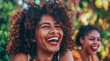 A joyful African American woman with curly hair laughs loudly while listening to a funny story from - obrazy, fototapety, plakaty