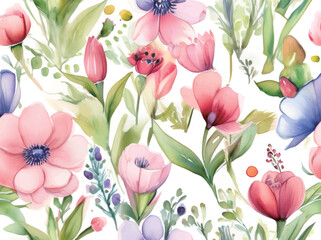 カラフルな春の花の水彩イラスト　Generative AI