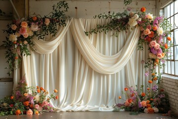 A room adorned with a white curtain featuring beautiful flowers as part of the decoration. The floral design adds a touch of creativity and elegance to the property