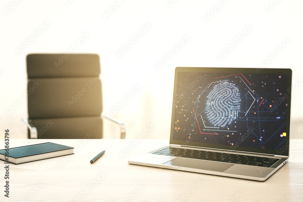 Poster Modern computer display with abstract graphic fingerprint sketch, fingerprint scan data concept. 3D Rendering