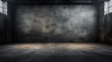 Dark grey gradient background spotlight on empty studio room. Empty dark abstract cement wall and studio room with smoke float up interior texture for display products wall background.
