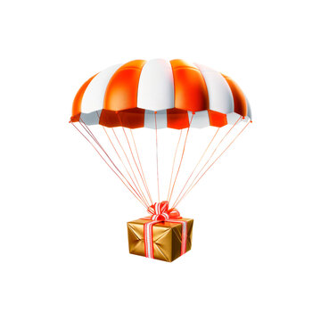 Gift box on a parachute. Isolated on transparent background. 