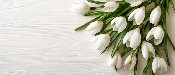   A stunning image of white tulips arranged on a white wooden backdrop with ample space for text optimization