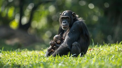 Naklejka premium wildlife scene featuring a female bonobo and her baby sitting on the grass, emphasizing the nurturing relationship and natural habitat of these affectionate primates
