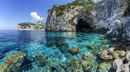 The Mediterranean Sea has rocky cliffs along its shores. - obrazy, fototapety, plakaty