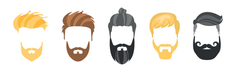 Man Hairstyle and Stylish Type on Beard Vector Set