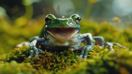 Obraz premium gliding tree frog looks like laughing while sitting on moss in rainforest