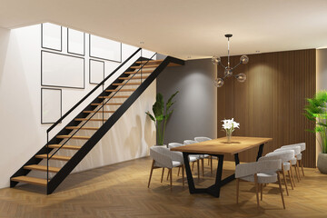 3d rendering of interior dining room with frame mockup. Design stair case with fluted wood and gray wall background. Set 2