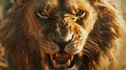 closeup of an aggressive angry male lion face highlighting the raw power and intensity of its expression perfect for capturing the fierce and wild nature of this big cat