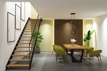 3d rendering of interior dining room with frame mockup. Design stair case with fluted wood and light green wall background. Set 9