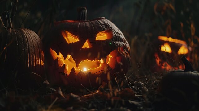 Halloween night with illuminated carved pumpkins featuring different evil faces set in the darkness creating a spooky and eerie ambiance perfect for Halloween celebrations and decor