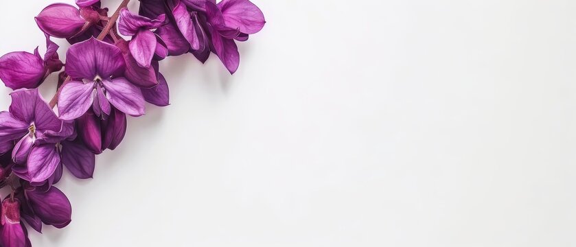   Purple flowers on a white background provide a serene backdrop for either a text or an image of a purple flower branch
