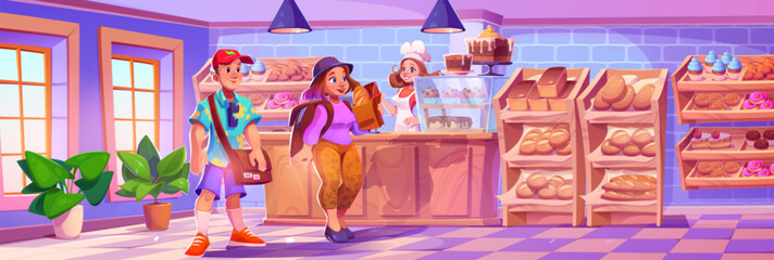 Bakery shop interior with man and woman buyers and salesperson at cash desk. Cartoon vector pastry store with bread and cakes, donuts and cupcakes on wooden display with glass cover and counter.