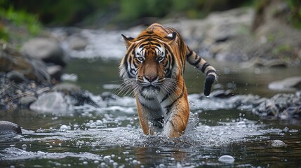 amur tiger walking in river stream in forest dangerous animal in green forest with wild cat in natural habitat