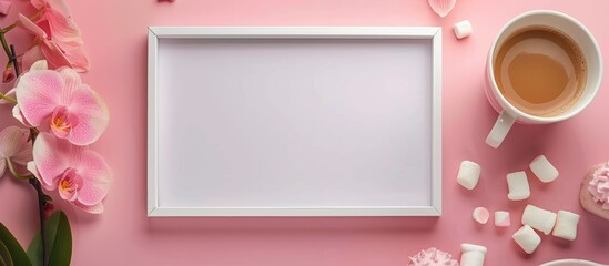 Front view of a blank photo frame mockup on a pink background with pink orchids, a cup of coffee, marshmallows, and sweets, leaving space for text.