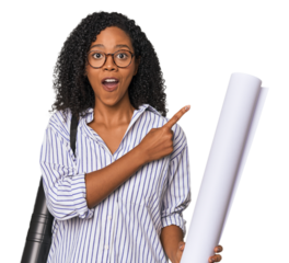Young African American architect with blueprint pointing to the side
