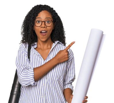 Young African American architect with blueprint pointing to the side