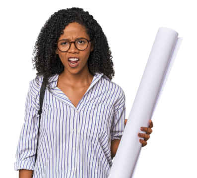 Young African American architect with blueprint screaming very angry and aggressive.