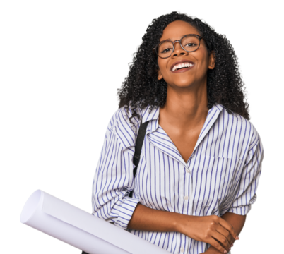 Young African American architect with blueprint laughing and having fun.
