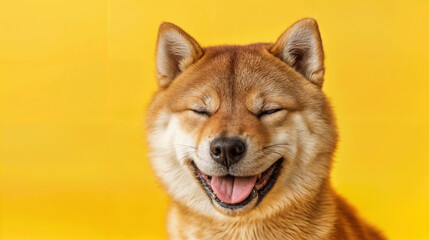 Happy shiba. Dog with glasses of red heart inu dog on yellow. Red-haired Japanese dog smile portrait. - obrazy, fototapety, plakaty