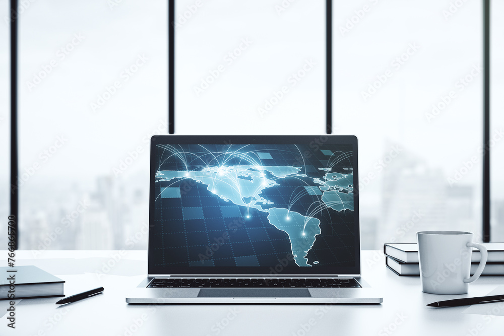 Fototapete abstract digital world map with connections on modern computer monitor, big data and blockchain conc