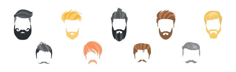 Man Hairstyle and Stylish Type on Beard Vector Set