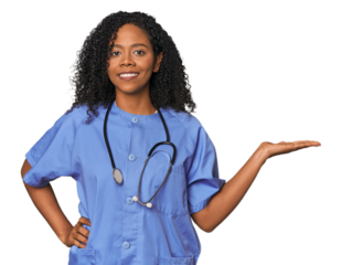 African American nurse in studio background showing a copy space on a palm and holding another hand on waist.