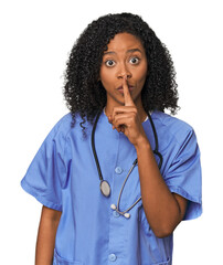 African American nurse in studio background keeping a secret or asking for silence.