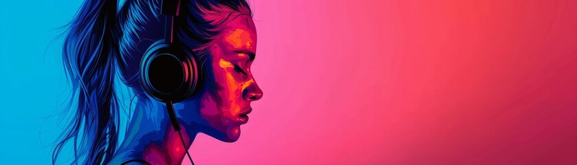 Side profile of an Thai girl in headphones pop art effect neon colors dynamic shadows ,...