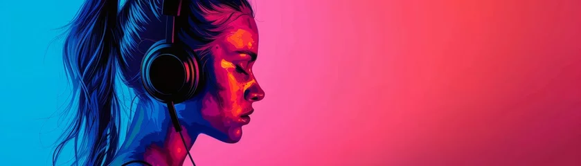 Gordijnen Side profile of an Thai girl in headphones pop art effect neon colors dynamic shadows , ultra-detailed © ItziesDesign