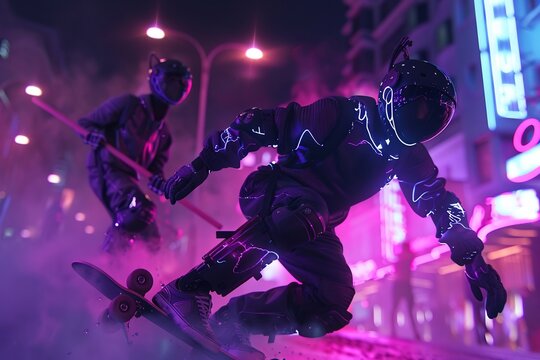 Robotic wizards performing enchantments on sports gear creating levitating skateboards and selfflying quidditch brooms neonlit urban setting ultra HD