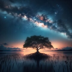 Fototapeta na wymiar Silhouetted mangrove tree sits in lake under the Milky Way 