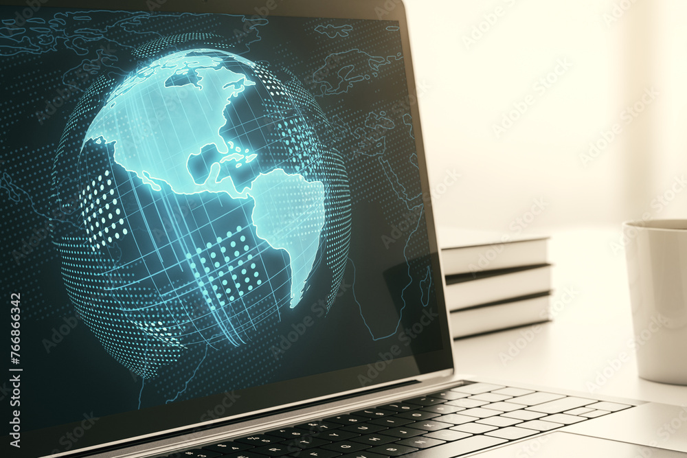 Poster computer monitor with digital america map, global technology concept. 3d rendering