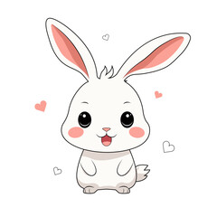 Vector flat cartoon illustration of a cute funny baby bunny with hearts in kawaii style.
