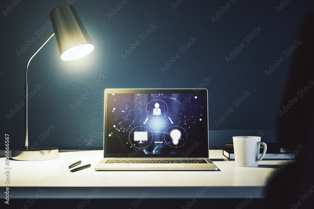 Aufkleber Modern computer display with social network icons concept. Networking concept. 3D Rendering