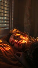 Obraz premium A man laying in bed with his eyes closed