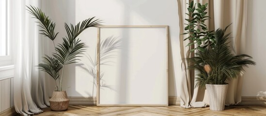 The 70x100 frame mockup poster is displayed in a corner of the living room on the wooden floor, leaning against a white wall adorned with plant decor.