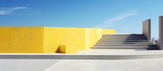 A yellow rectangular building with stairs, set against a blue sky. The facade casts shadows on the landscape below, creating a beautiful contrast of tints and shades