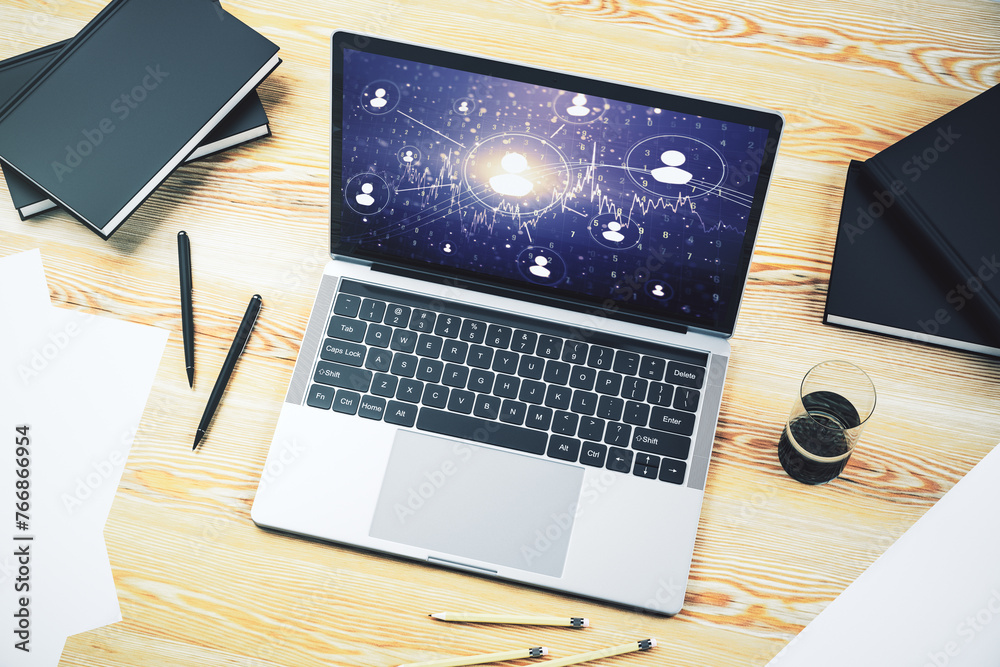 Leinwandbilder modern computer monitor with social network icons concept. marketing and promotion concept. 3d rende