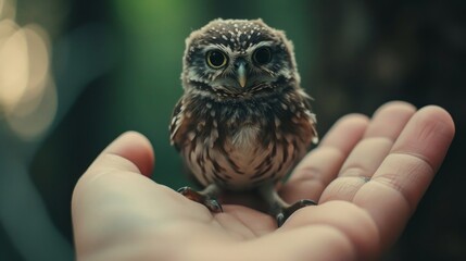 A small owl sits on a man's hand. Close-up