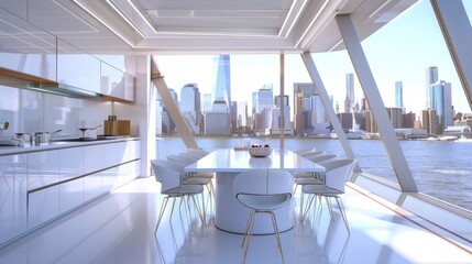 Dining room overlooking the city with view of building, boats, and watercraft