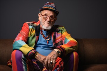 Portrait of an old hippie man in a colorful jacket and hat.