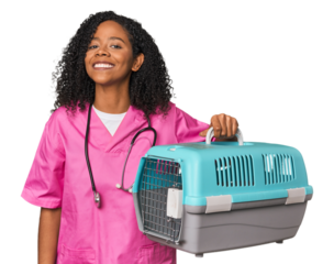 African American vet with pet carrier